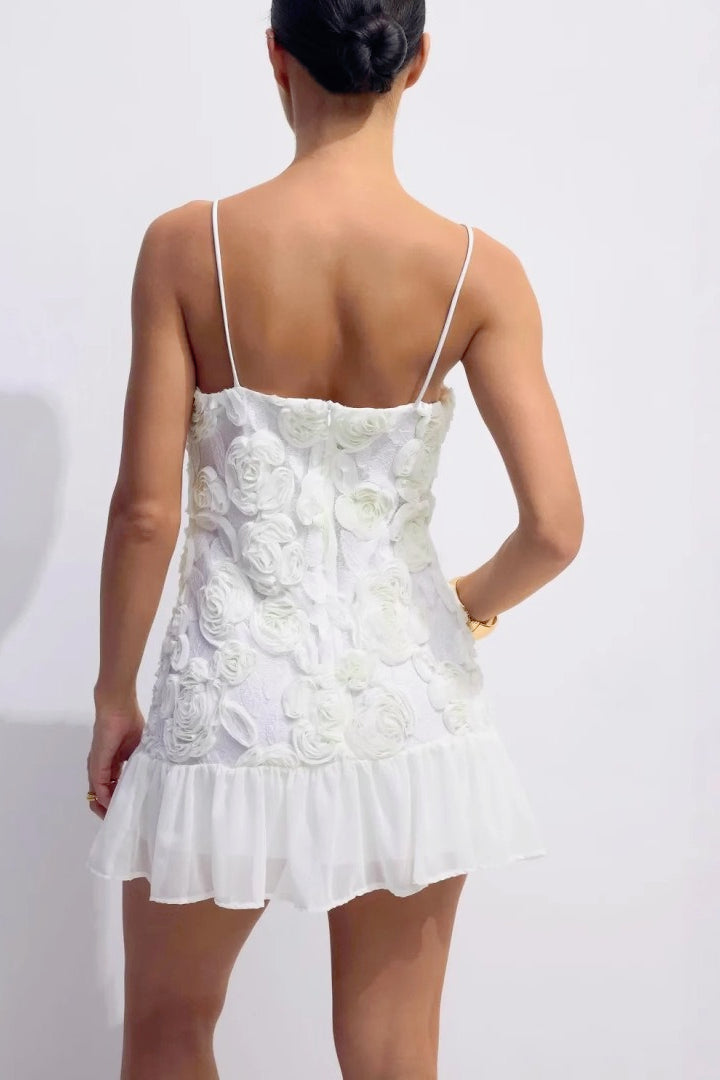 3D Flower Applique Spaghetti Strap Ruffle Hem Mini Dress - View 5