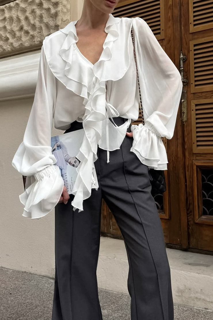 French V Neck Ruffle Blouse