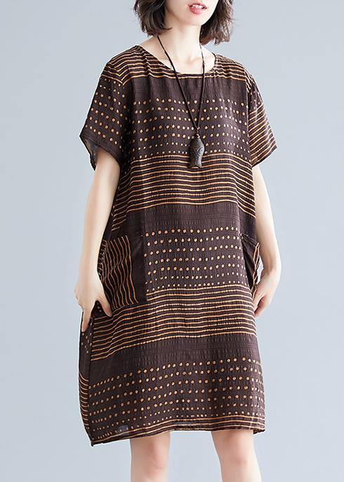 Polka Dot Stripe Round Neck Pocket Short Sleeve Shift Dress - View 2