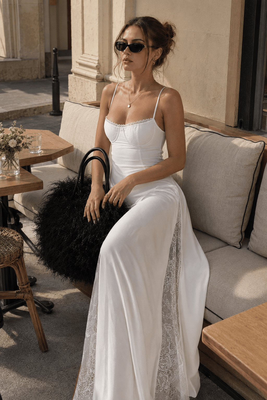 Lace Trim Spaghetti Strap Corset Side Slit Slip Maxi Dress 2