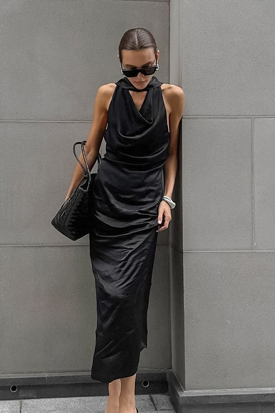 Black Satin Halter Maxi Dress