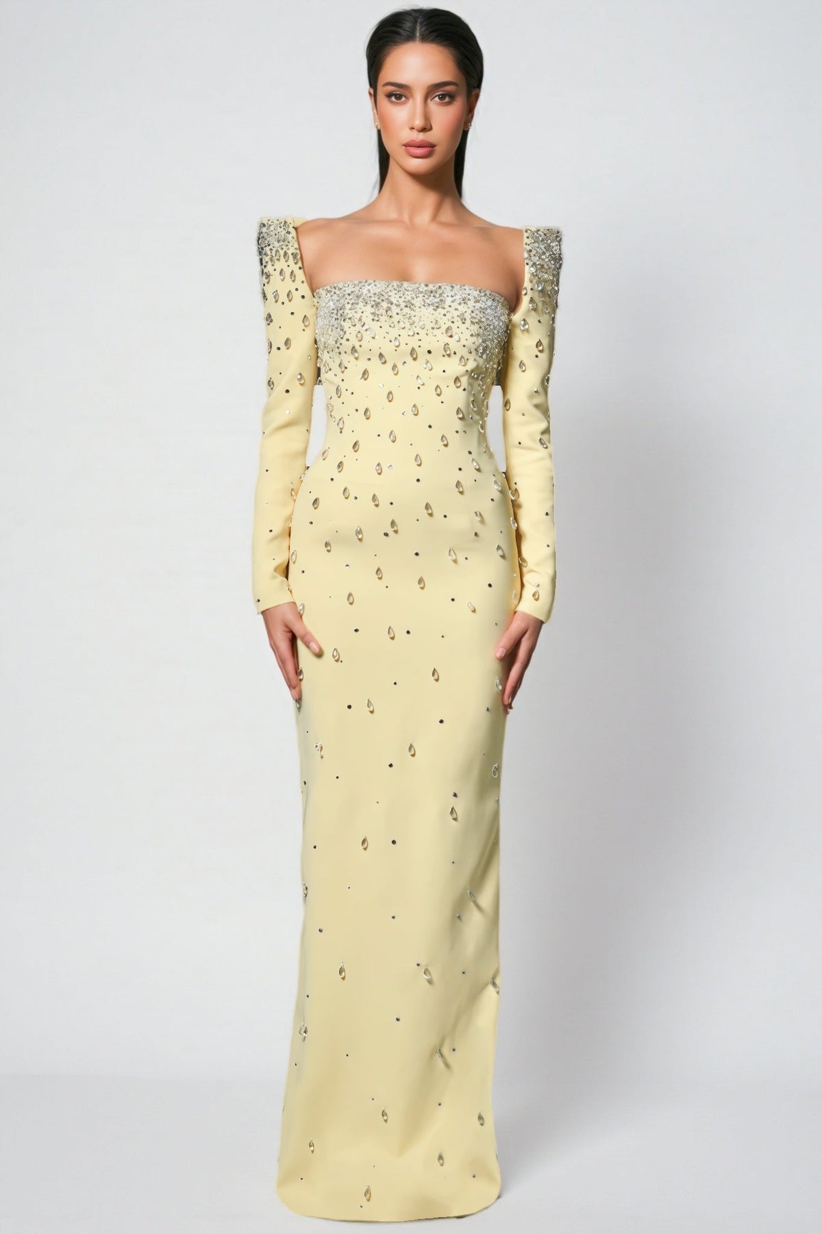 Crystal Embellished Structured Shoulder Square Neck Maxi Gown