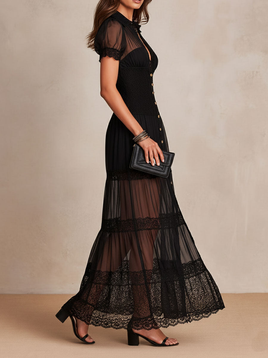 Sheer Mesh Lace Trim Short Sleeve Smocked Waist Maxi Dress 3