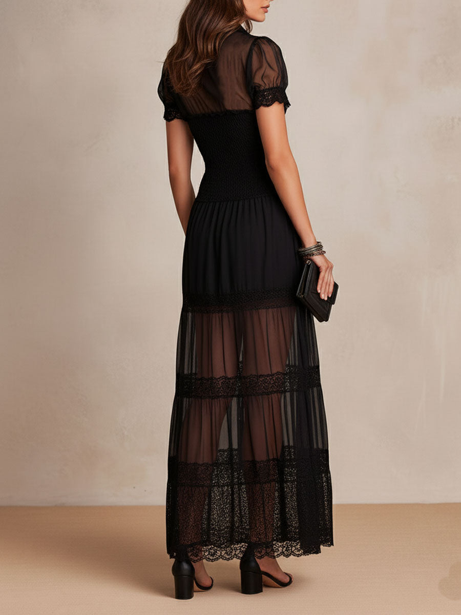 Sheer Mesh Lace Trim Short Sleeve Smocked Waist Maxi Dress 4