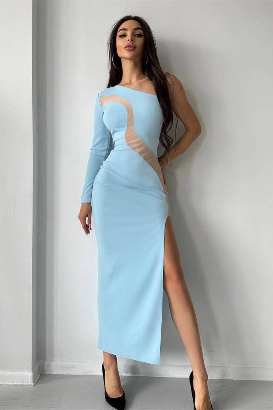 Asymmetrical One Shoulder Mesh Midi Dress - View 2