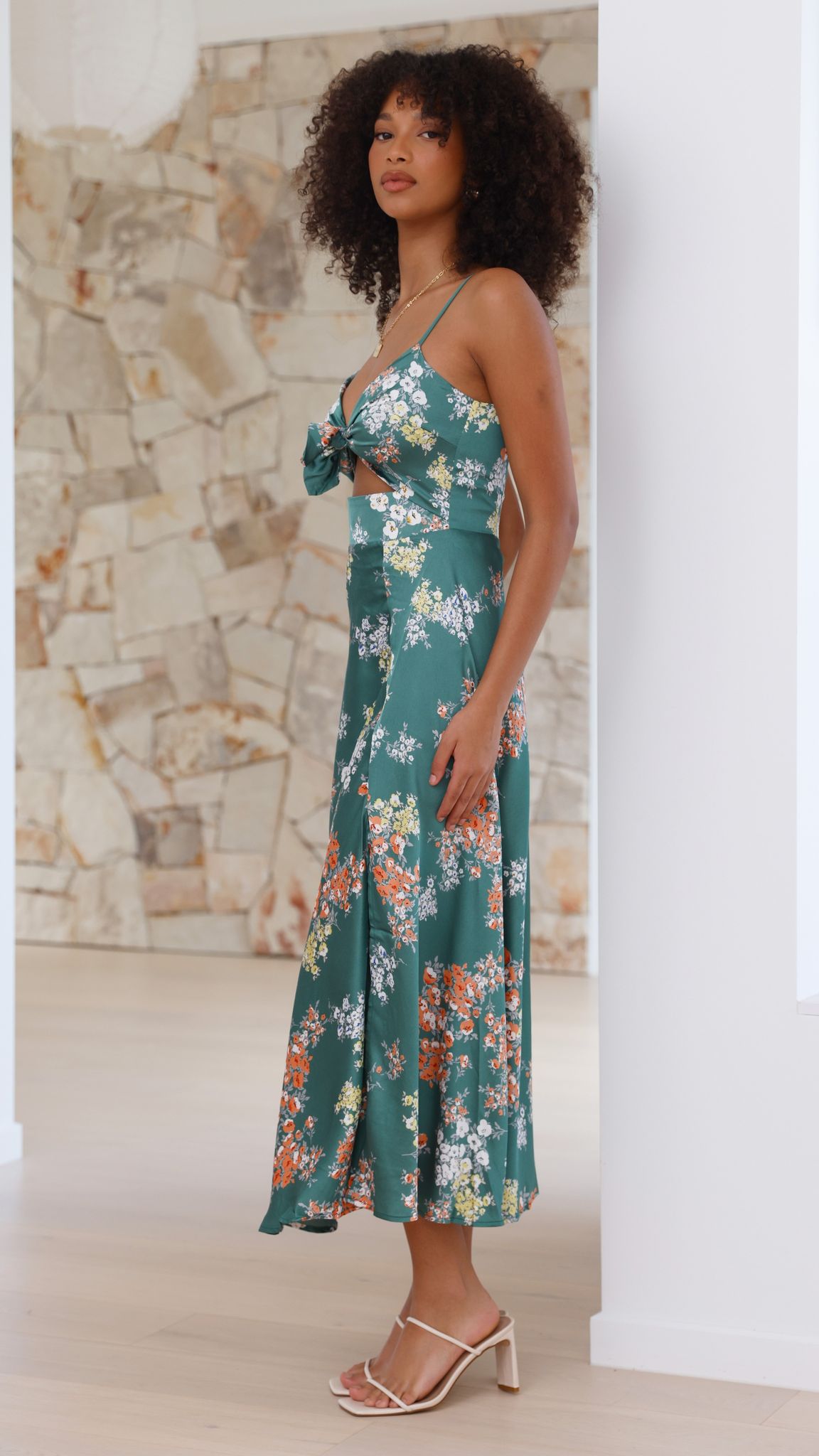 Floral Deep V-Neck Spaghetti Strap Tie Front High Split Midi Dress - View 5