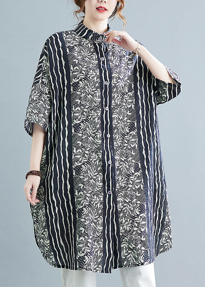 Floral Print Collar Button Front Panel Stripe Shirt Dress - View 3