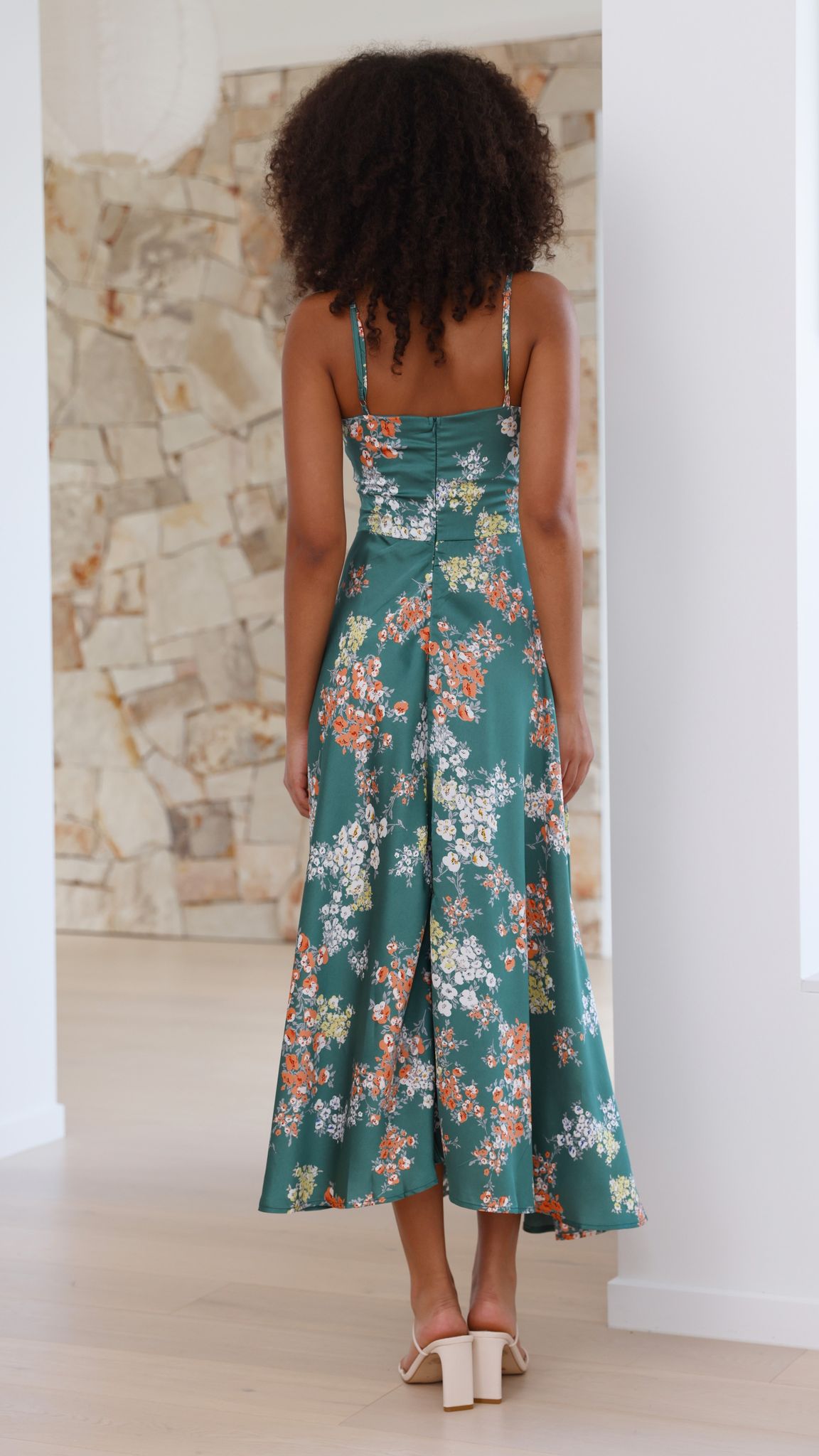 Floral Deep V-Neck Spaghetti Strap Tie Front High Split Midi Dress - View 3