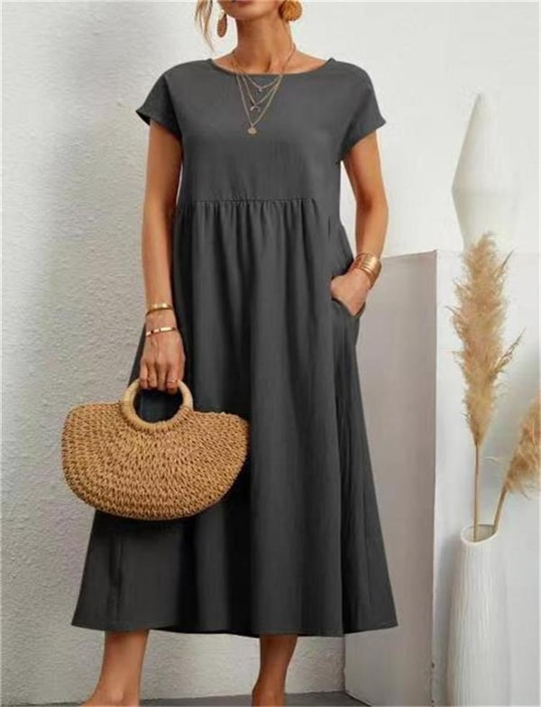 Short Sleeve Empire Waist Gathered Pocket Knee Length Summer Dress - View 6