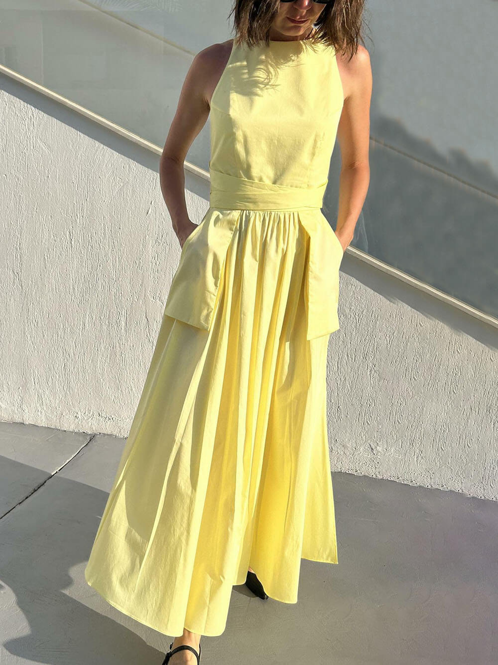 Spaghetti Strap Square Neck Tie Belt Side Pocket Maxi Dress - View 21