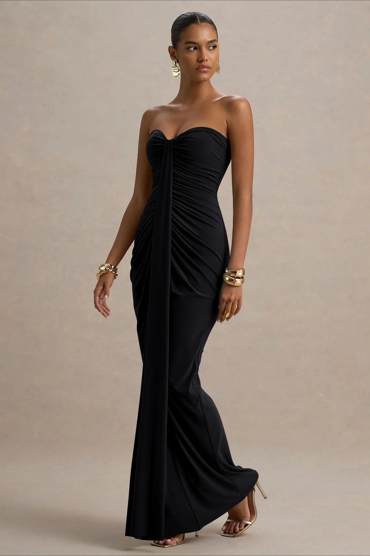 Strapless Sweetheart Ruched Center Drape Panel Column Maxi Formal Gown - View 9