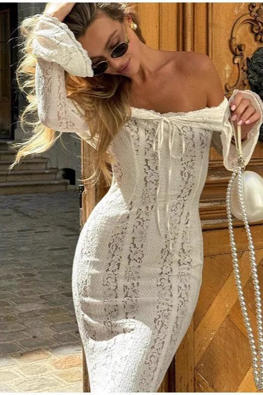 Slim Fit Off Shoulder Lace Dress in White - View 2