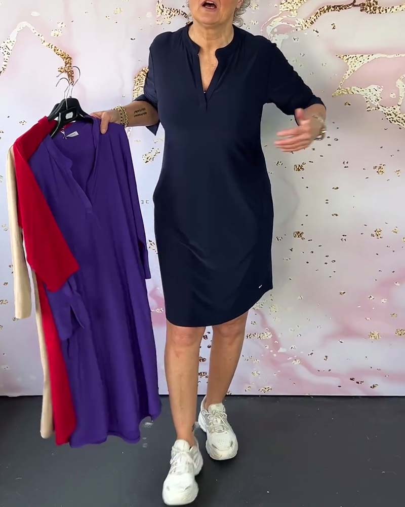 Three Quarter Sleeve Notched V-Neck Shift Knee Length Dress - View 5