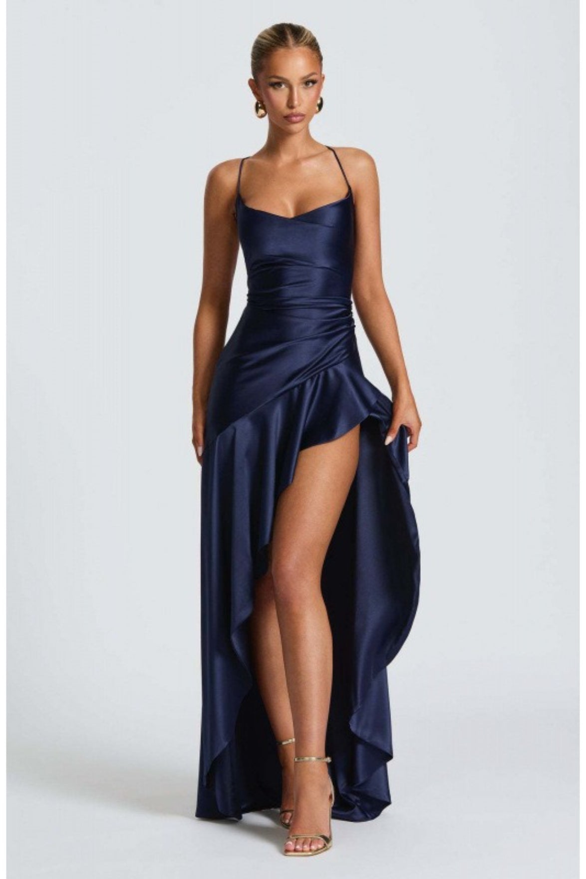 Satin Cowl Neck Spaghetti Strap Ruffle High Split Slip Maxi Dress - View 7