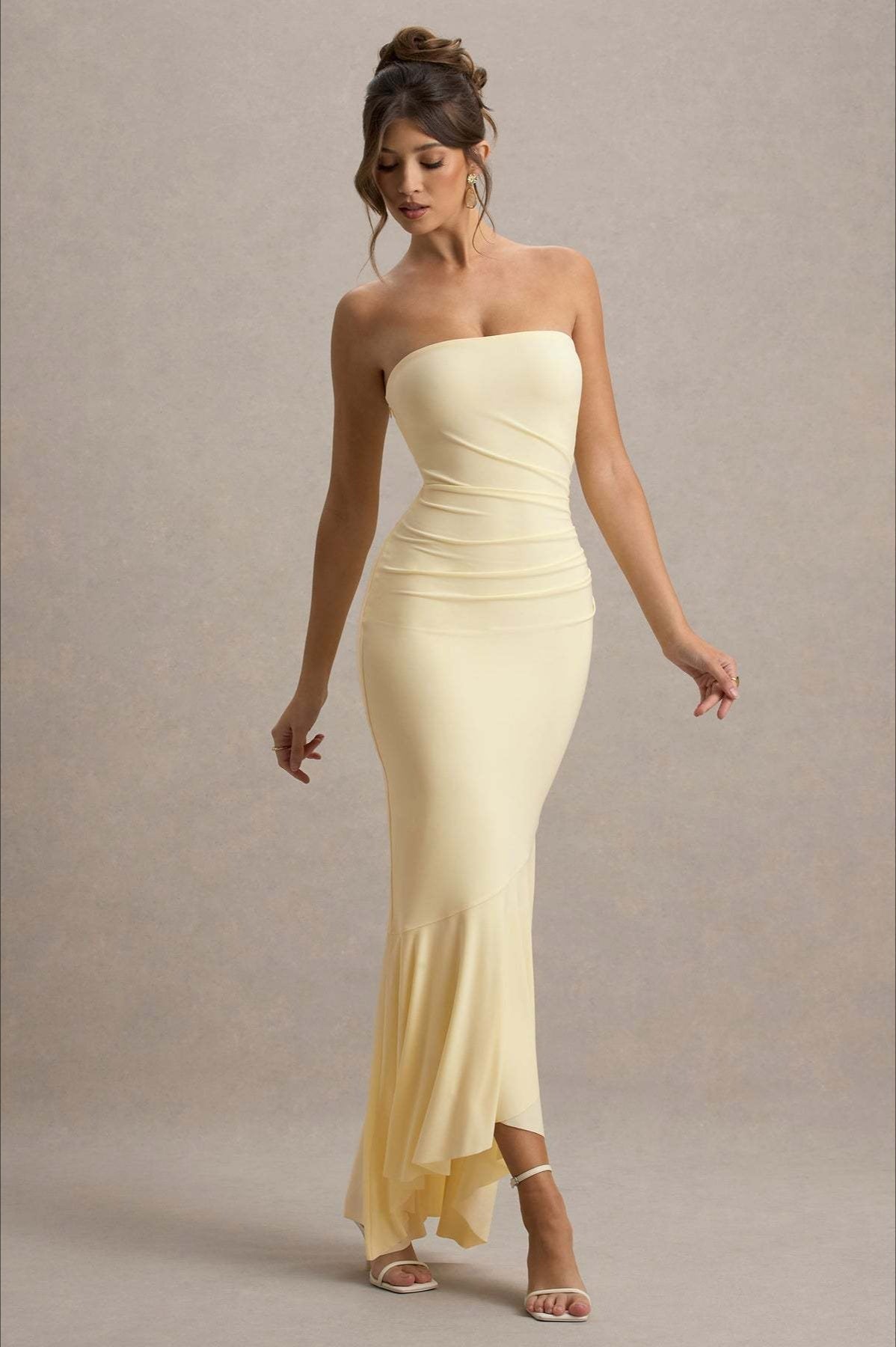 Strapless Ruched Asymmetric Ruffle Hem Bodycon Maxi Gown - View 6