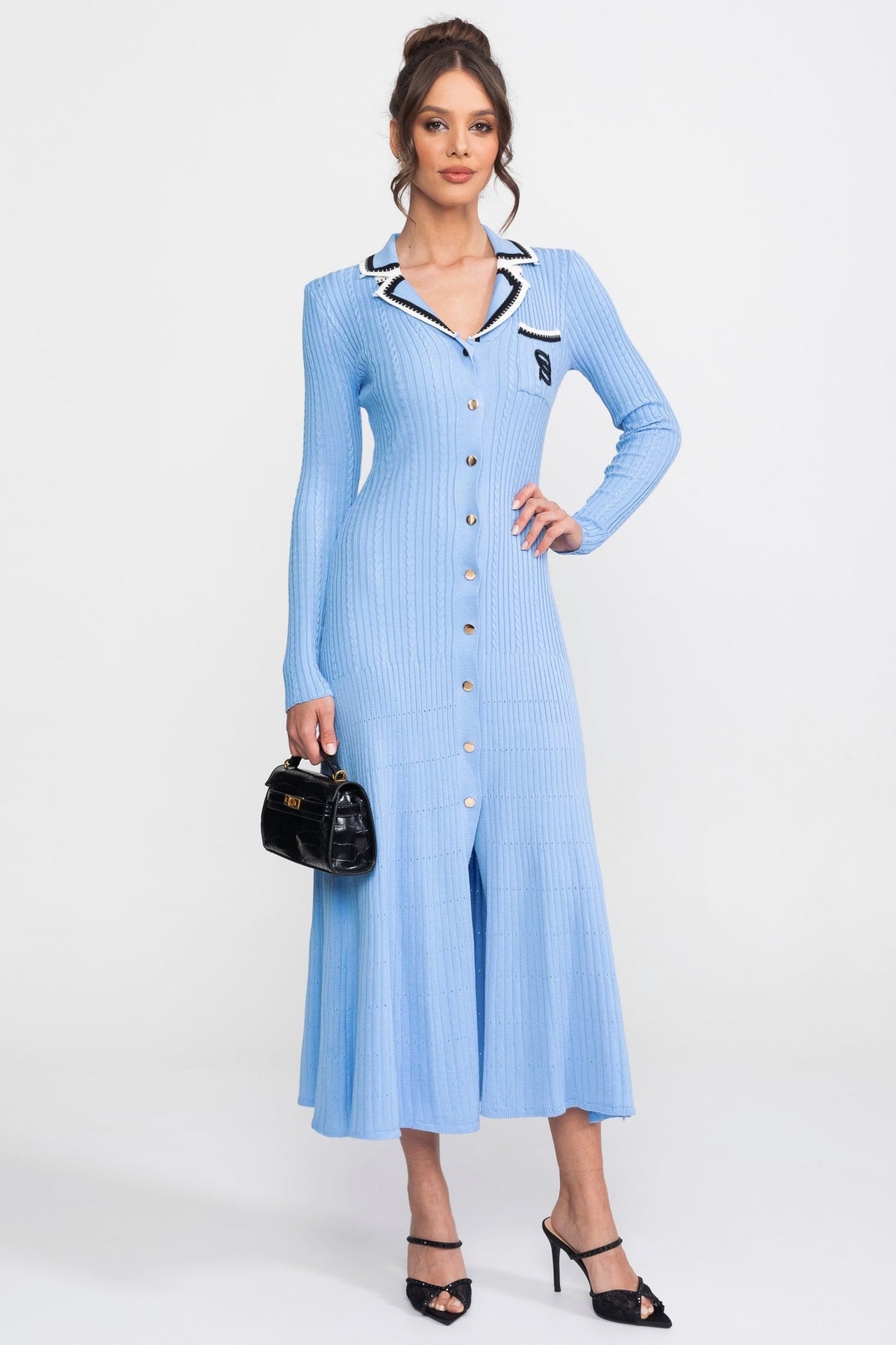 Long Sleeve Knit Midi Dress With Polo Collar And Monogram Patch - Blue - View 3