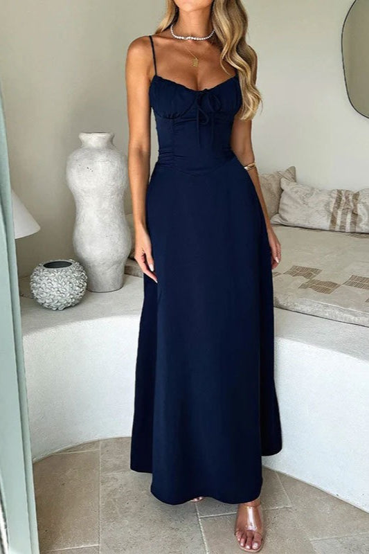 Satin Spaghetti Strap Sweetheart Tie Front Mermaid Maxi Dress - View 6