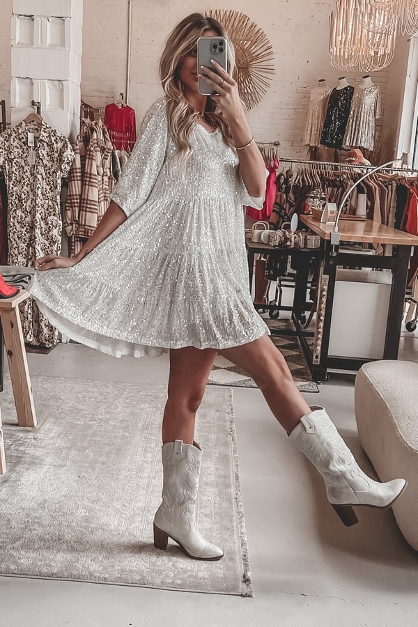 Sequin Round Neck Short Sleeve Three Tier Babydoll Mini Party Dress - View 3