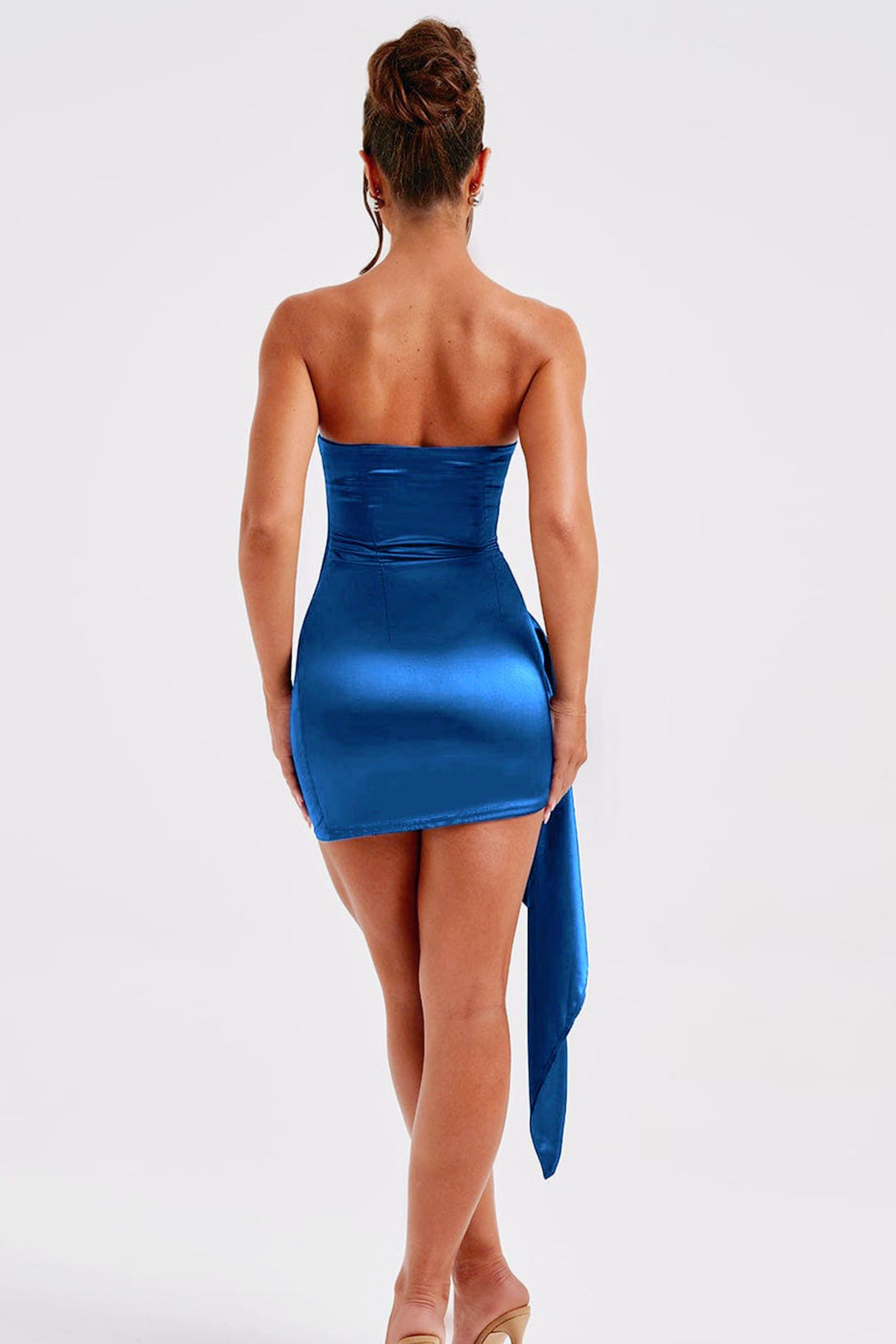 Strapless Ruched Draped Satin Bodycon Mini Dress 10