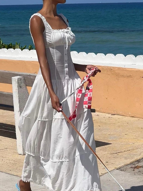 White French Pleated Layered Slim Midi Dress with Lace Up - View 3