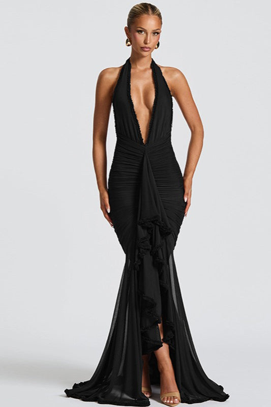 Halter Neck Deep V-Neck Ruched Ruffle Mermaid Maxi Gown - View 4