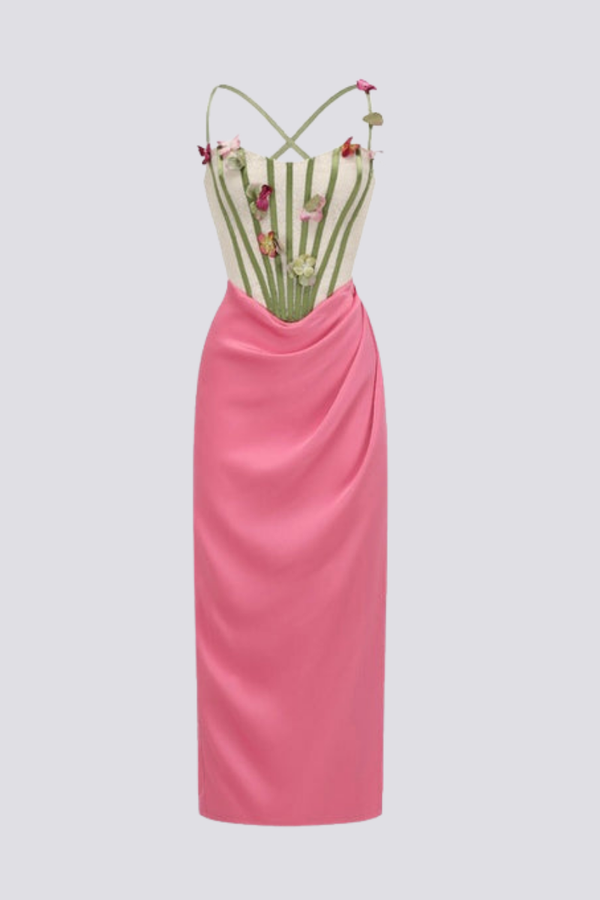 Corset Sweetheart Floral Applique Draped Satin Maxi Dress - View 10