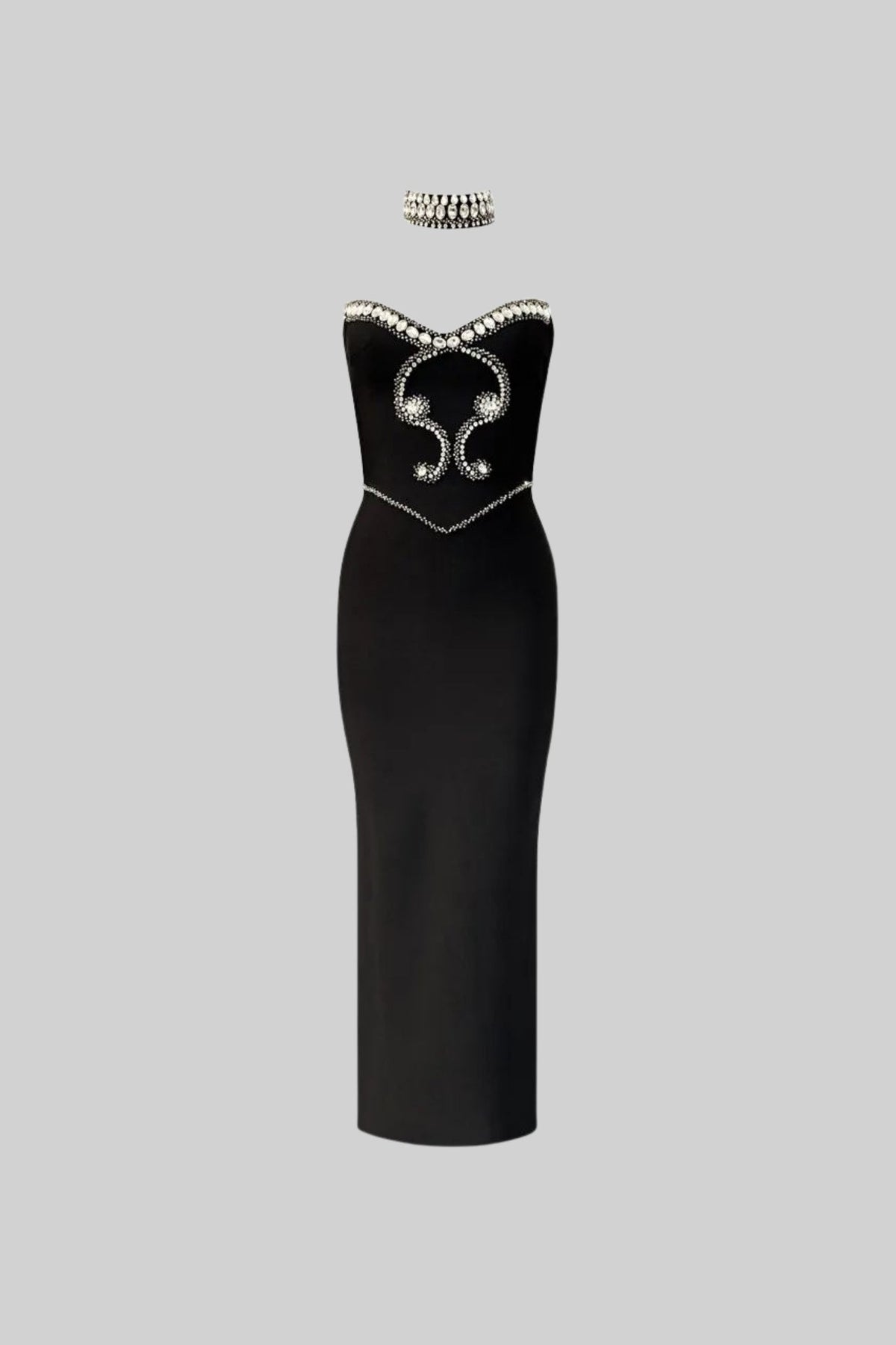 Velvet Pearl Rhinestone Sweetheart Strapless Column Maxi Gown - View 2