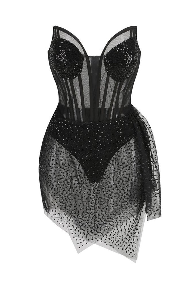 Sequin Strapless Sweetheart Corset Sheer Mesh Mini Dress - View 6