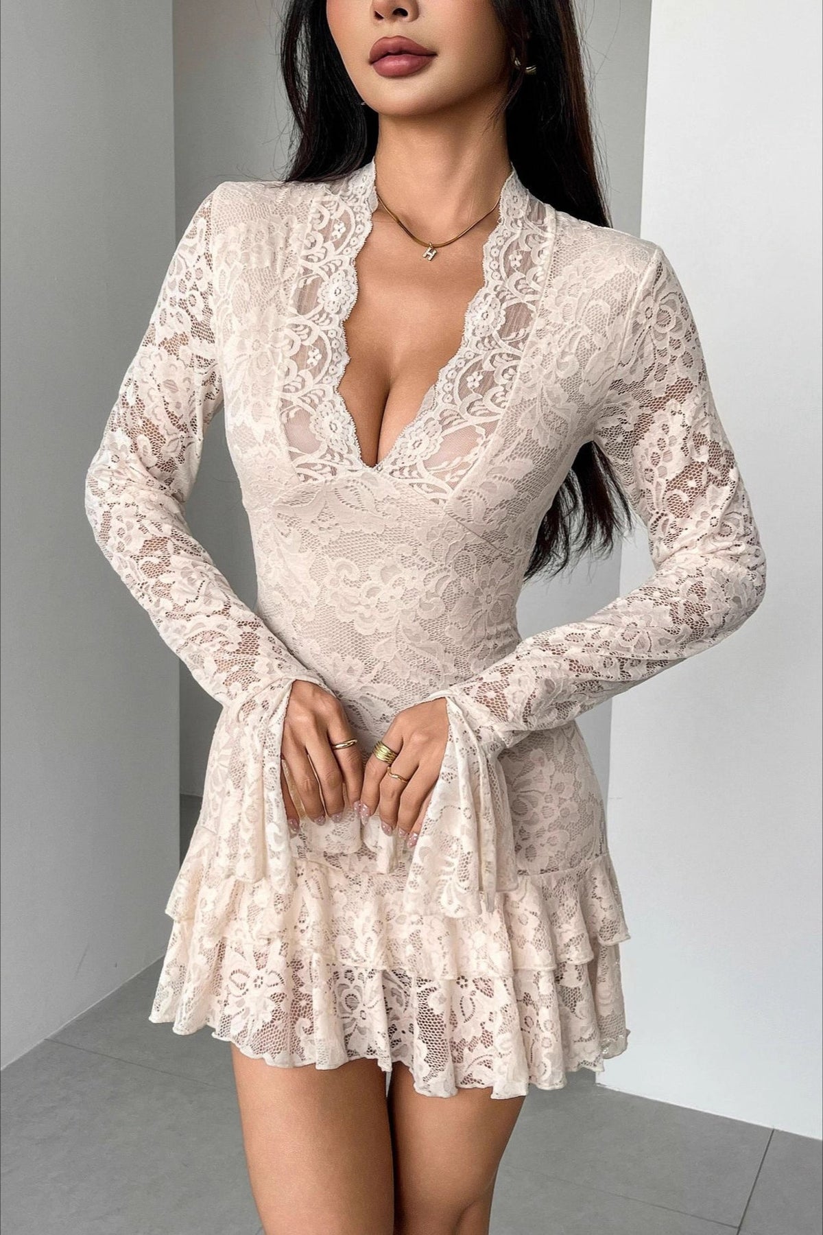 Lace V-Neck Double Ruffle Bodycon Dress - View 3