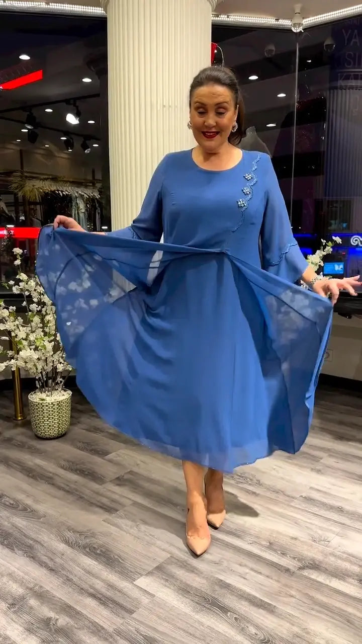 Crew Neck Three Quarter Sleeve Floral Applique A-Line Midi Dress