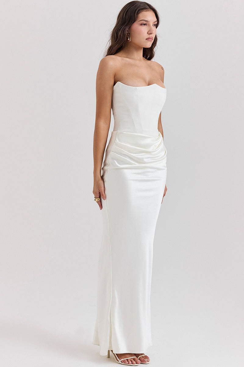 Strapless Corset Draped Satin Mermaid Maxi Gown - View 4
