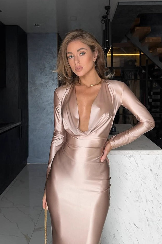 Satin Deep V-Neck Long Sleeve Ruched Bodycon Maxi Dress