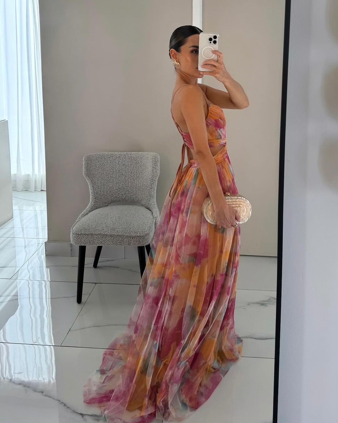 Floral Print Chiffon Deep V-Neck Ruched Waist A-Line Maxi Dress 4