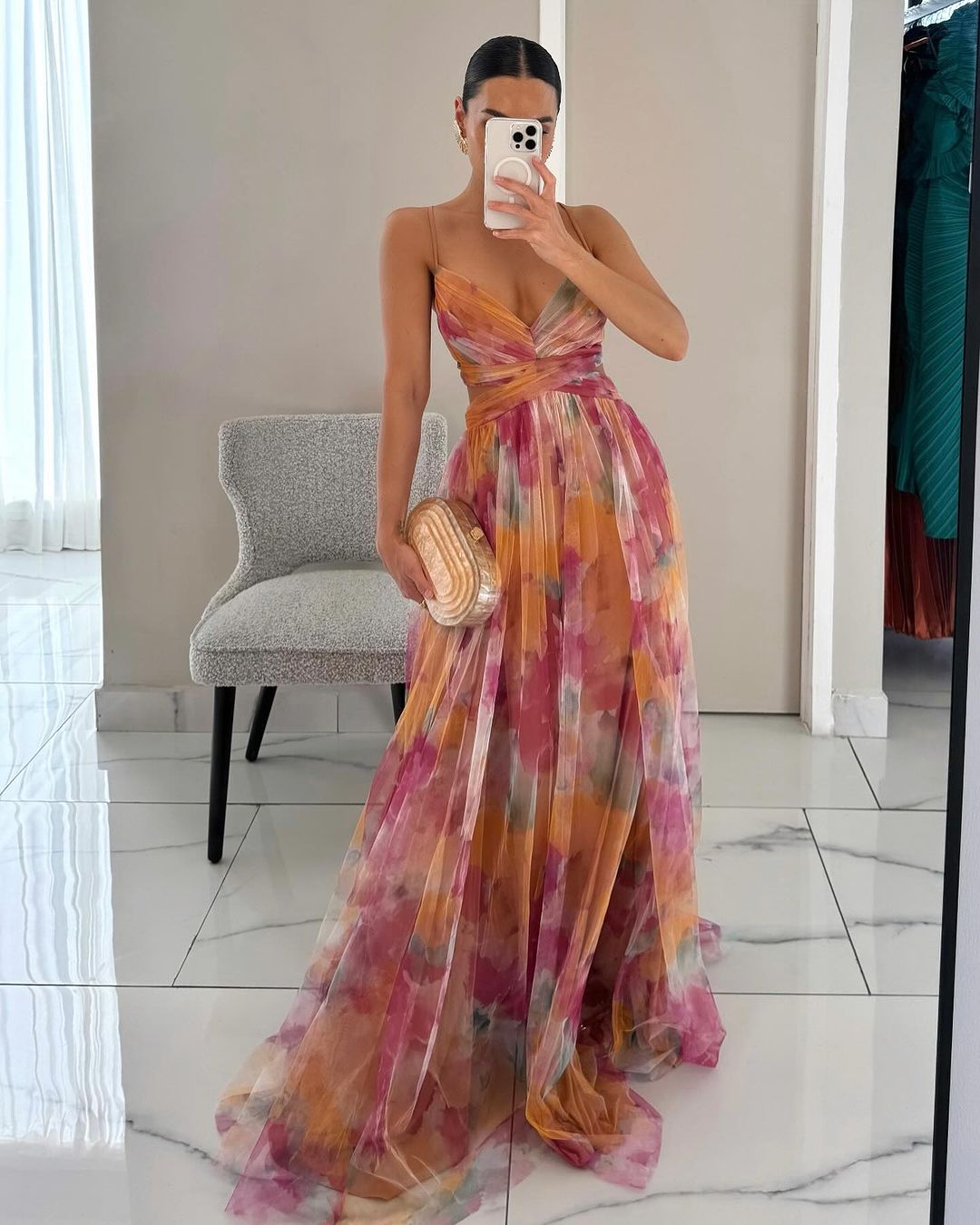 Floral Print Chiffon Deep V-Neck Ruched Waist A-Line Maxi Dress 2