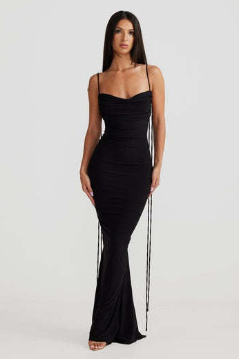Cowl Neck Spaghetti Strap Backless Ruched Bodycon Maxi Dress