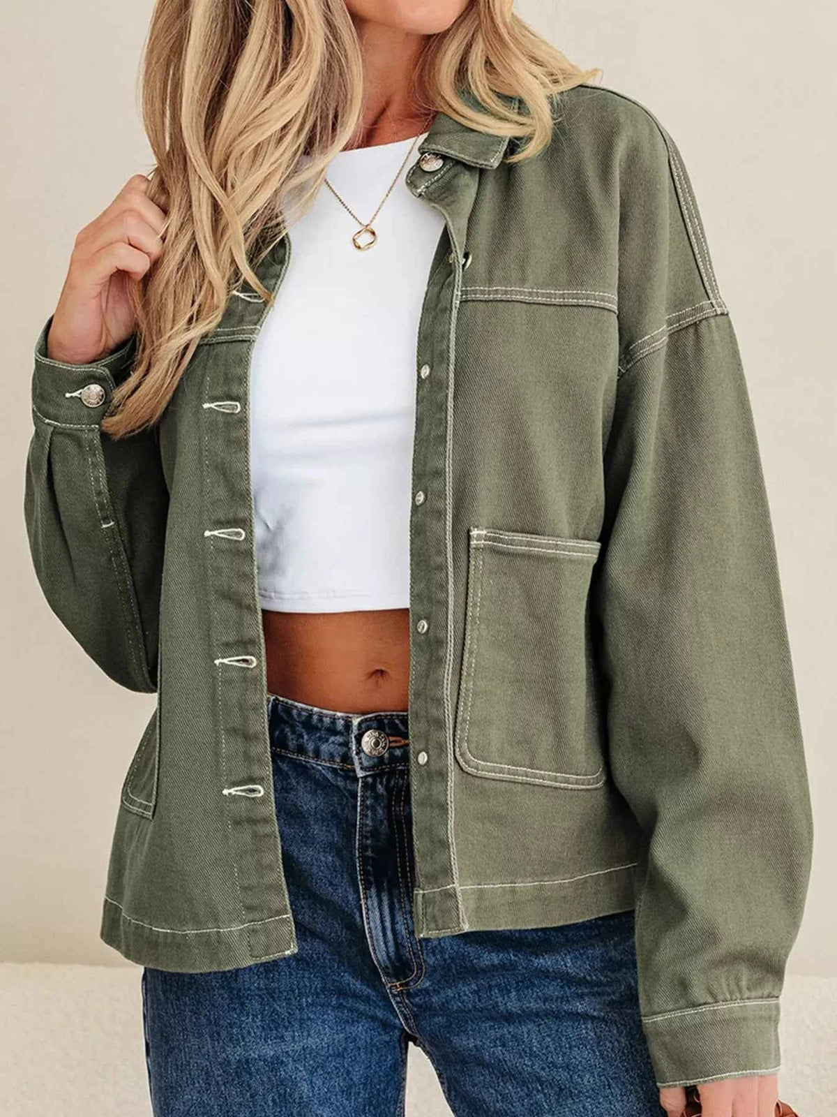 Patched Pocket Collared Button Front Boyfriend Denim