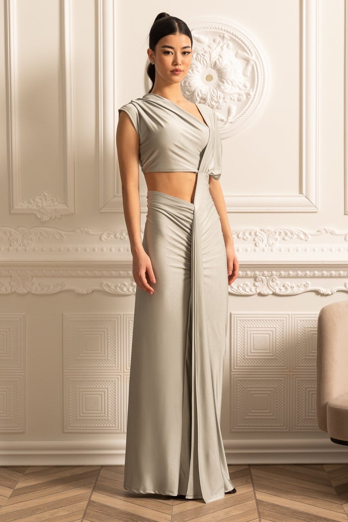 One Shoulder Metallic Draped Ruched Side Cut Out Column Gown