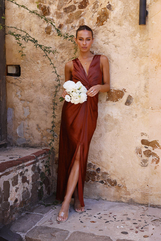Satin Sleeveless Gathered Waist Column Slip Maxi Dress - View 16