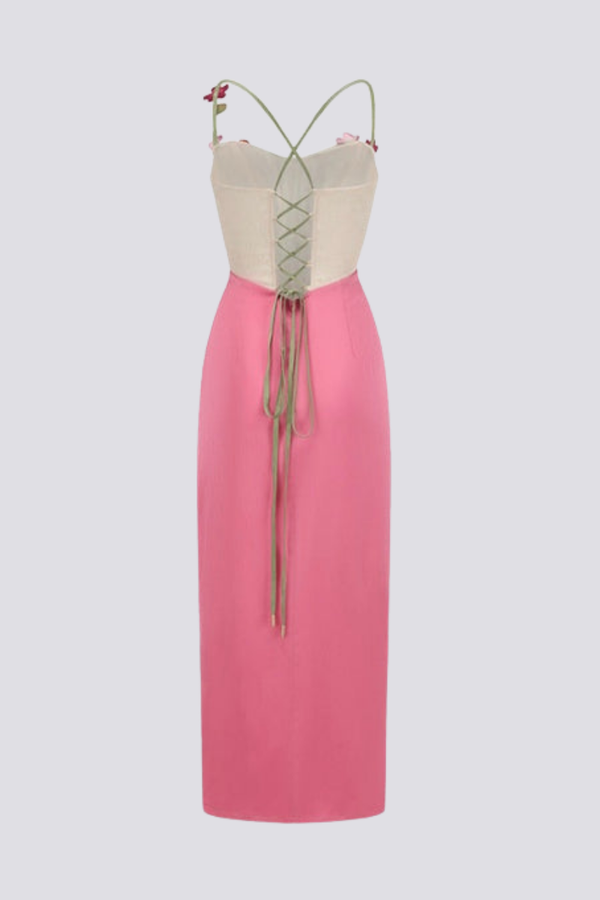 Corset Sweetheart Floral Applique Draped Satin Maxi Dress - View 9