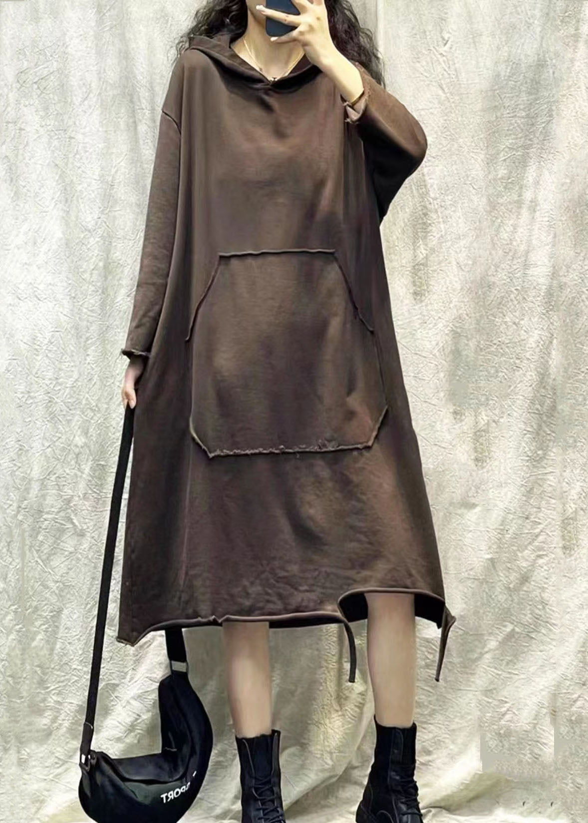 Hooded Long Sleeve Kangaroo Pocket Raw Hem Distressed Sweatshirt Dress - View 4