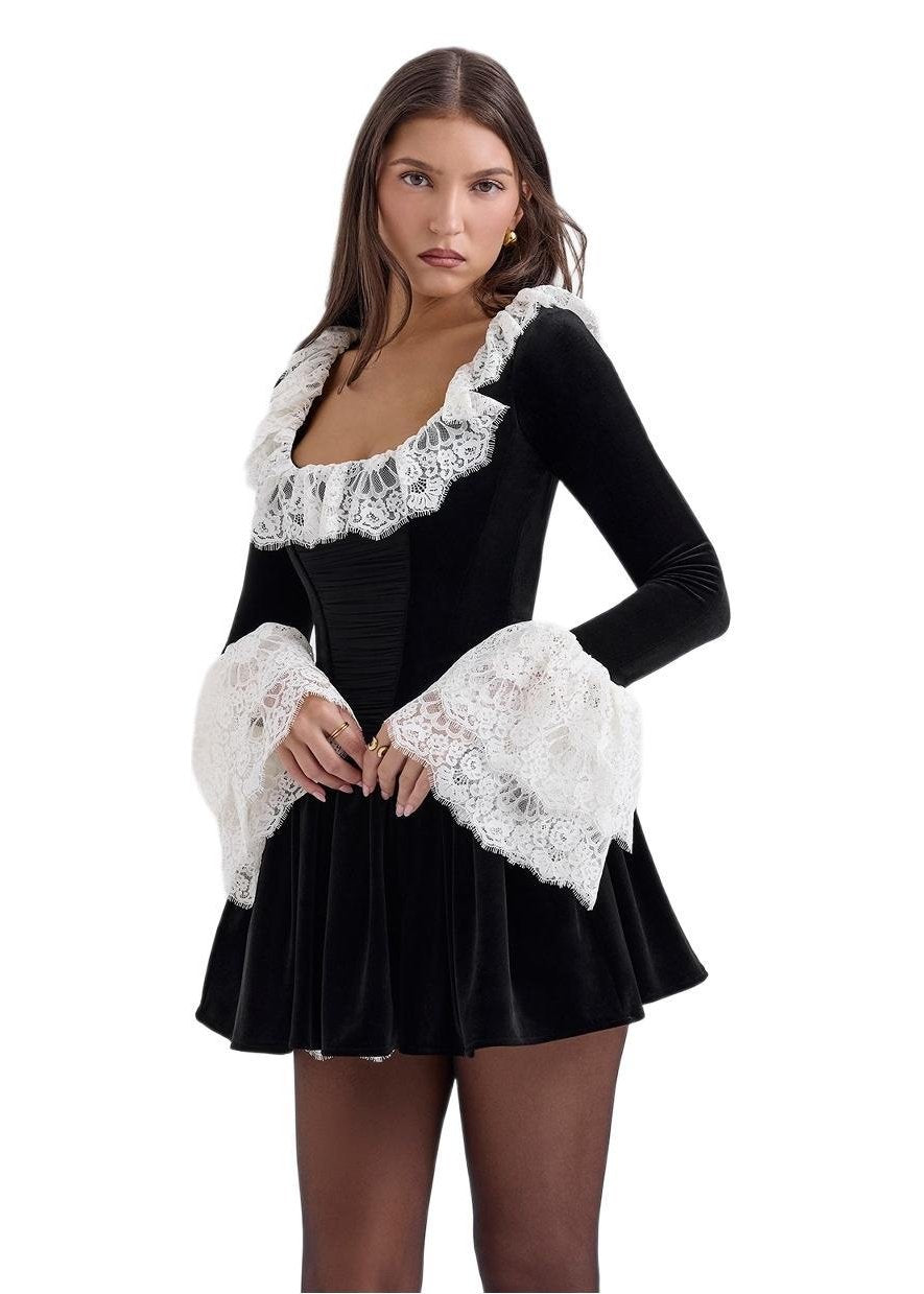 Velvet Lace Stitching Dress with Ruffled Detail in Black - View 3