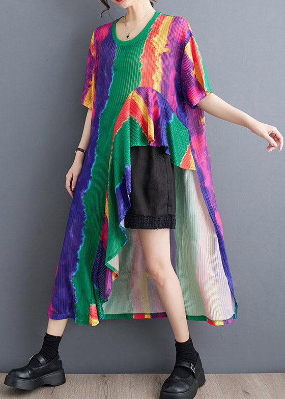 Plissé Abstract Stripe Print Round Neck Short Sleeve Midi Dress - View 3