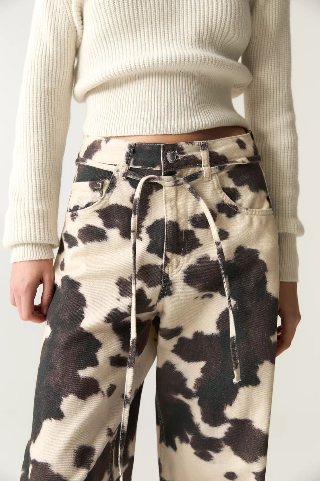 Vintage Cow Print Washed Loose Straight Pants