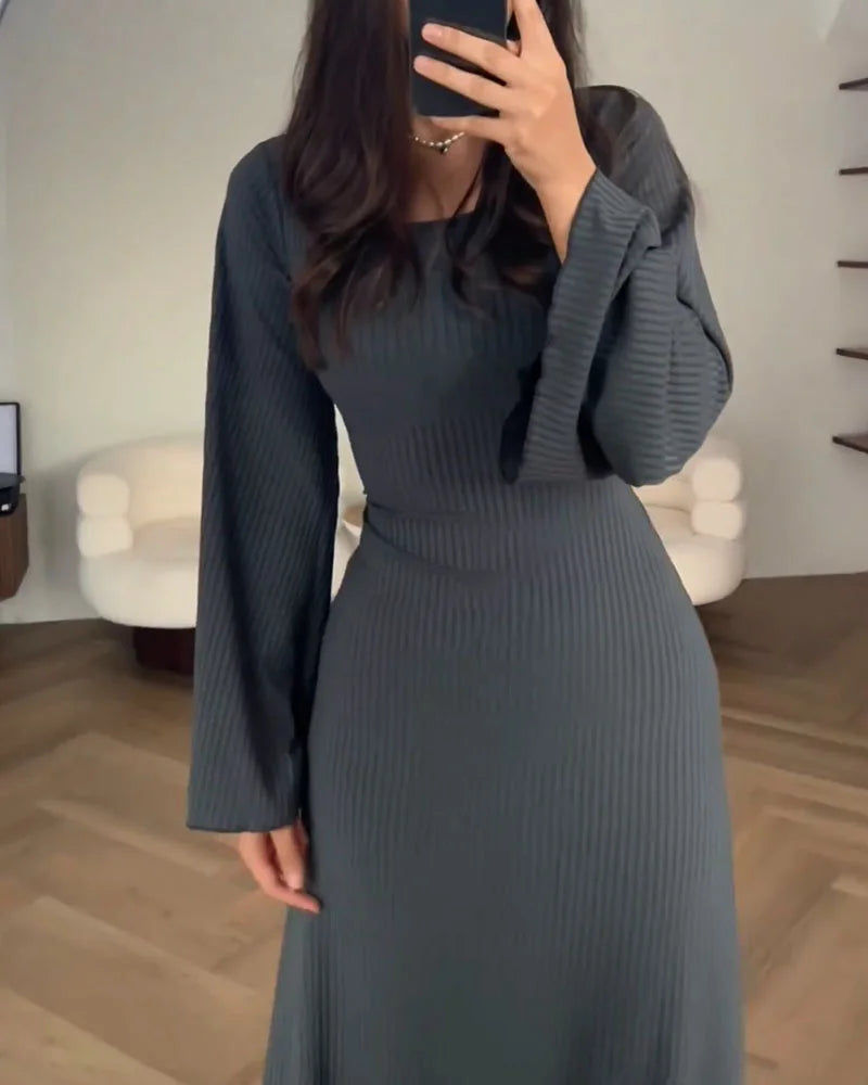Rib Knit Square Neck Long Sleeve Bell Cuff Bodycon Maxi Dress - View 6