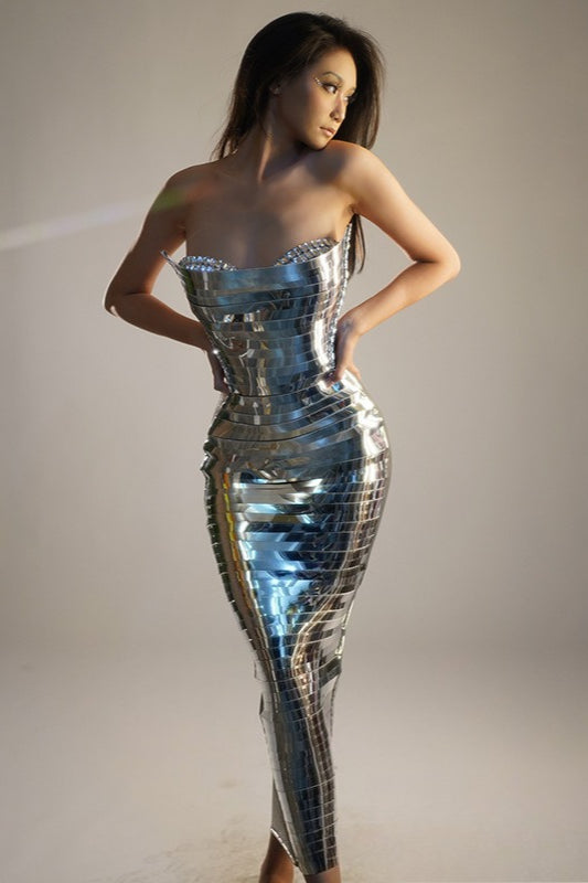 Metallic Strapless Corset Mirror Sequin Mermaid Gown - View 2