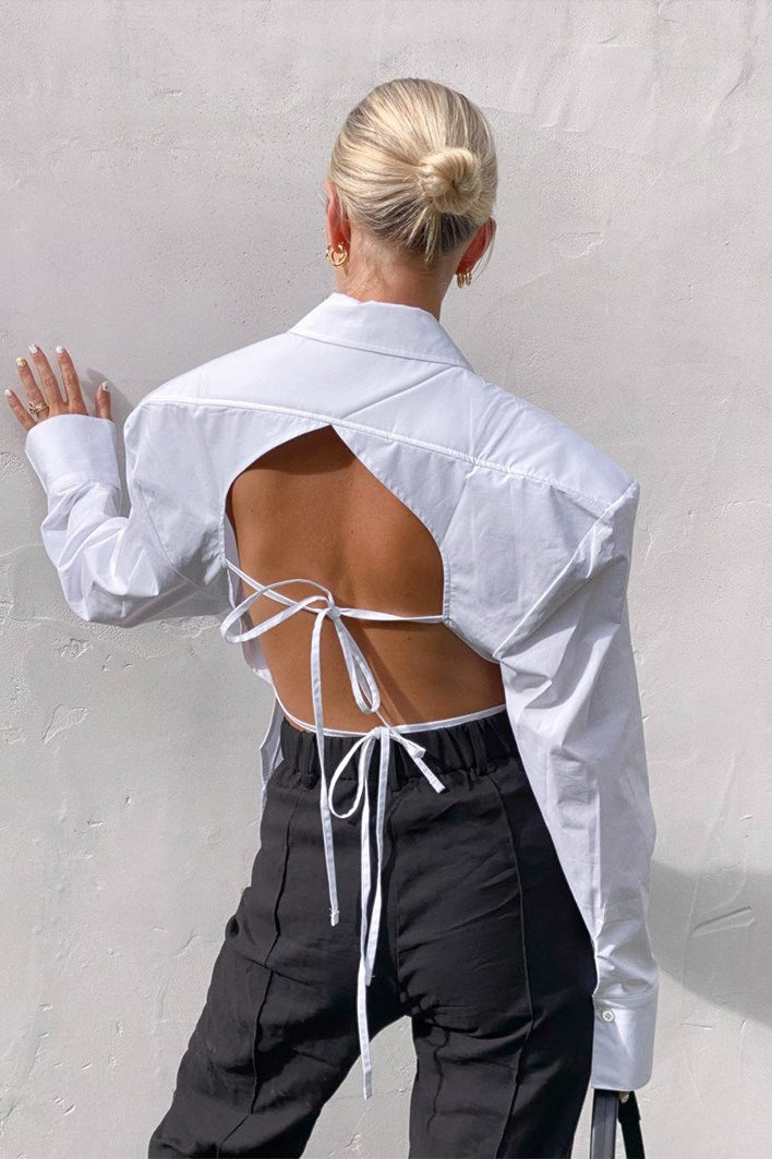 Backless Sheer Tie Waist Blouse