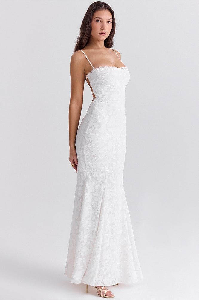 Lace Square Neck Spaghetti Strap Mermaid Gown - View 10