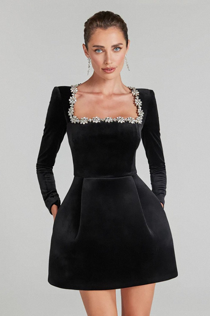 Elegant White Square Neck Long Sleeve Pearl Trim Slim Cocktail Dress - View 3