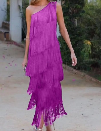 One Shoulder Tiered Fringe Midi Dress - View 3