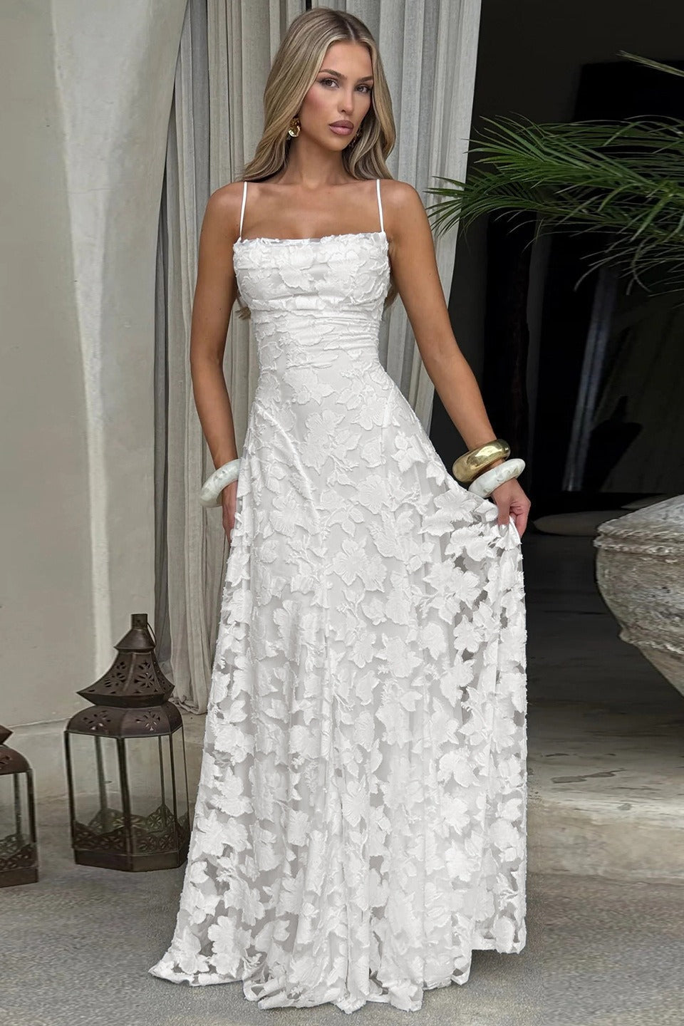Jacquard Cami Backless Maxi Lace Dress - View 2